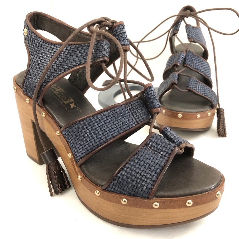 PIKOLINOS Sz 36 Blue Leather Stacked Heel Sandals